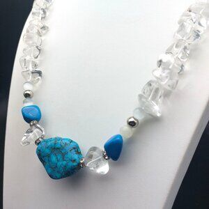 Vintage Turquoise & Clear Quartz Beaded Necklace With Chunky Stones Handmade